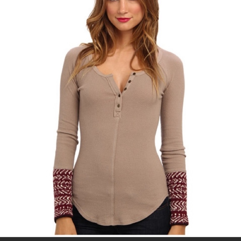 FREE PEOPLE Alpine Knit Cuff Thermal Sweater Long Sleeve Top in Taupe,Size Large